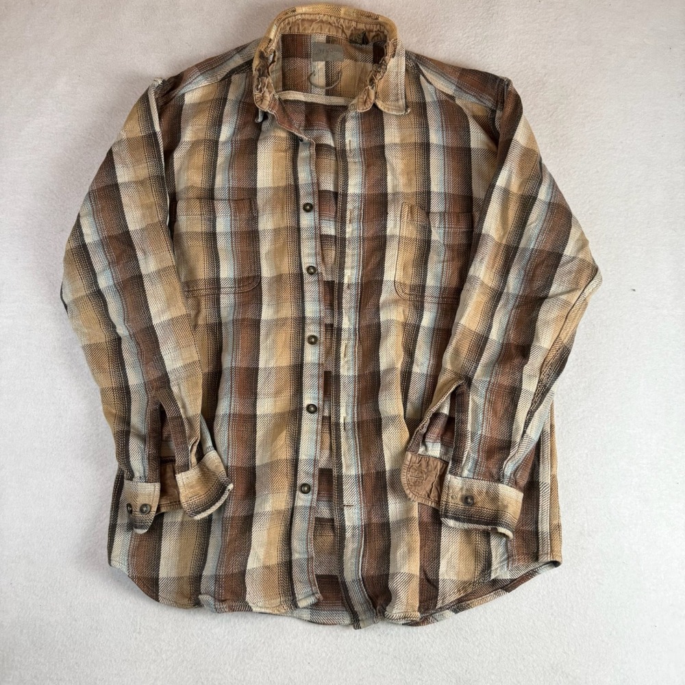 St Johns Bay Mens XL Tall Brown Plaid Flannel Shirt Cotton Distressed LS
